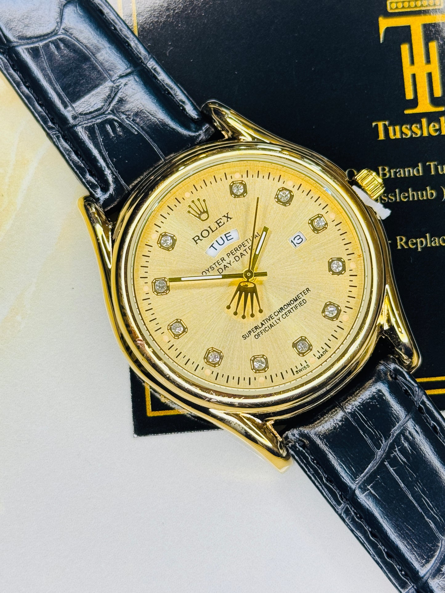 Black Gold Dial Round Leather Rolex Watch