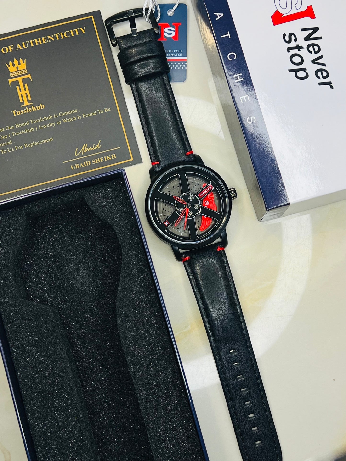 Black Red Leather Strapped Spinner NS Watch