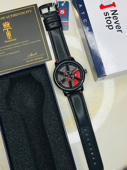 Black Red Leather Strapped Spinner NS Watch