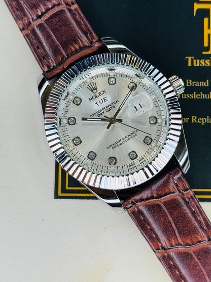 Brown Silver White Day Date Leather Rolex Watch