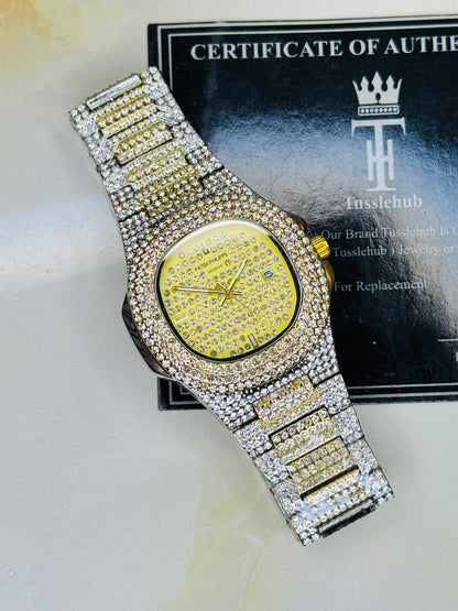 Two Tone Iced Out Nautilus Watch