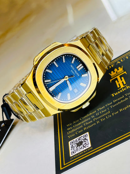 Gold Sapphire Blue Automatic Nautilus Super Clone Watch