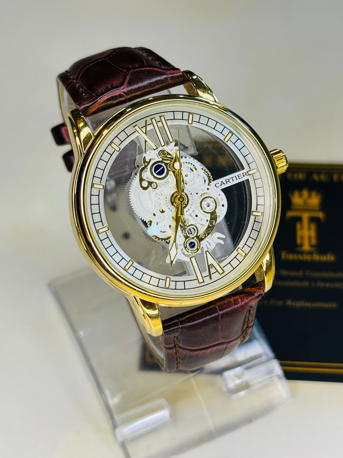 Brown Gold Skeleton Leather Cartier Watch