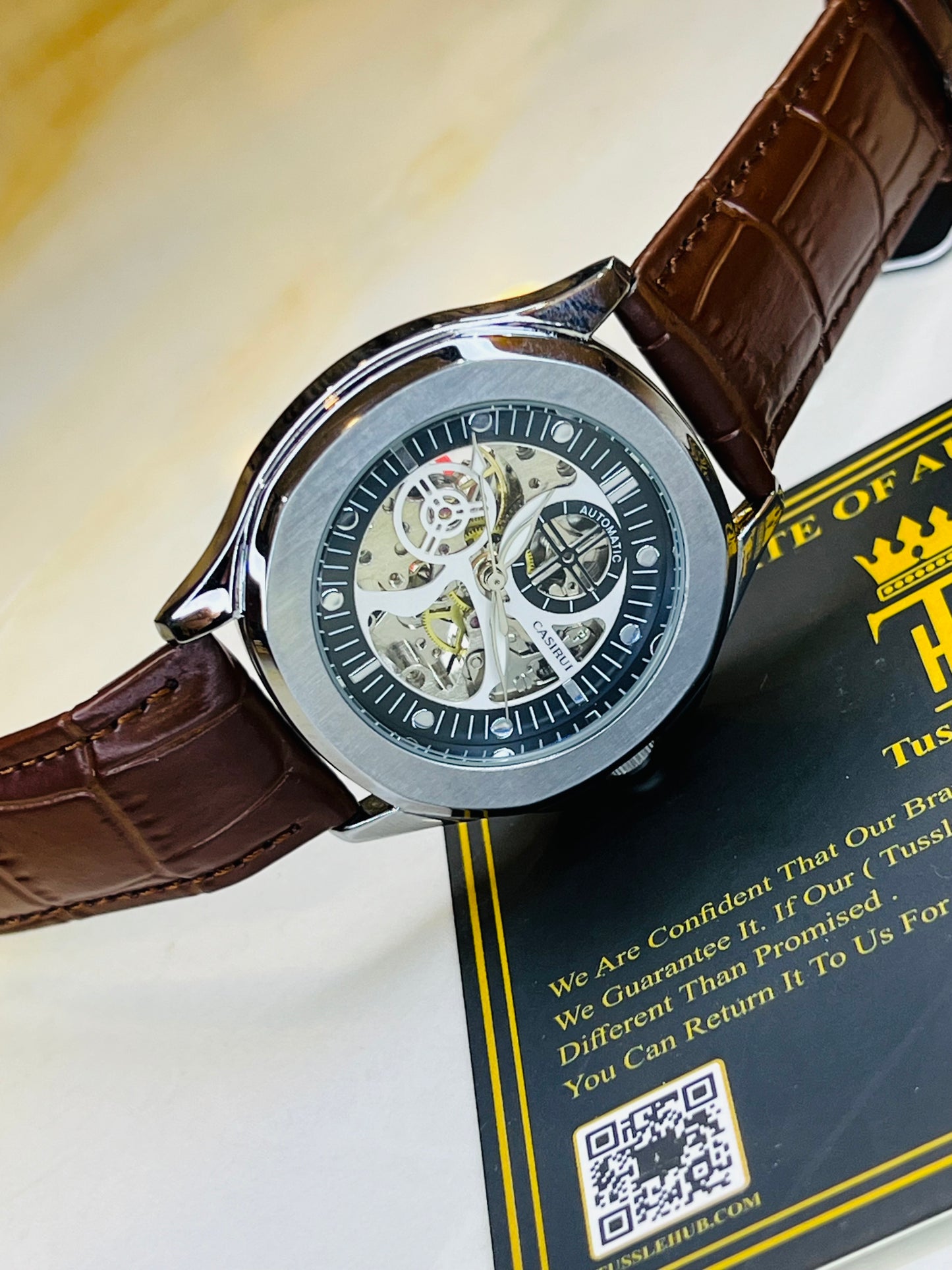 Casirui Brown Silver Automatic Skeleton Leather watch