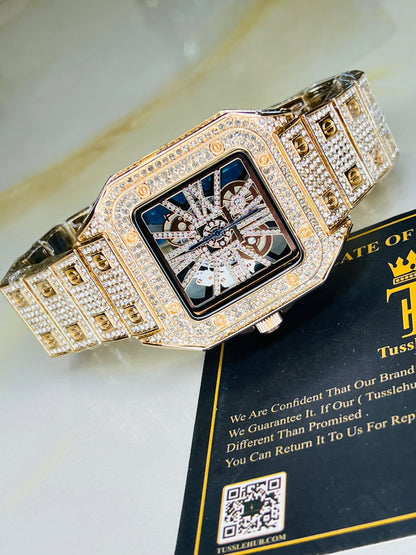 Rose Gold Skeleton Iced Out Watch