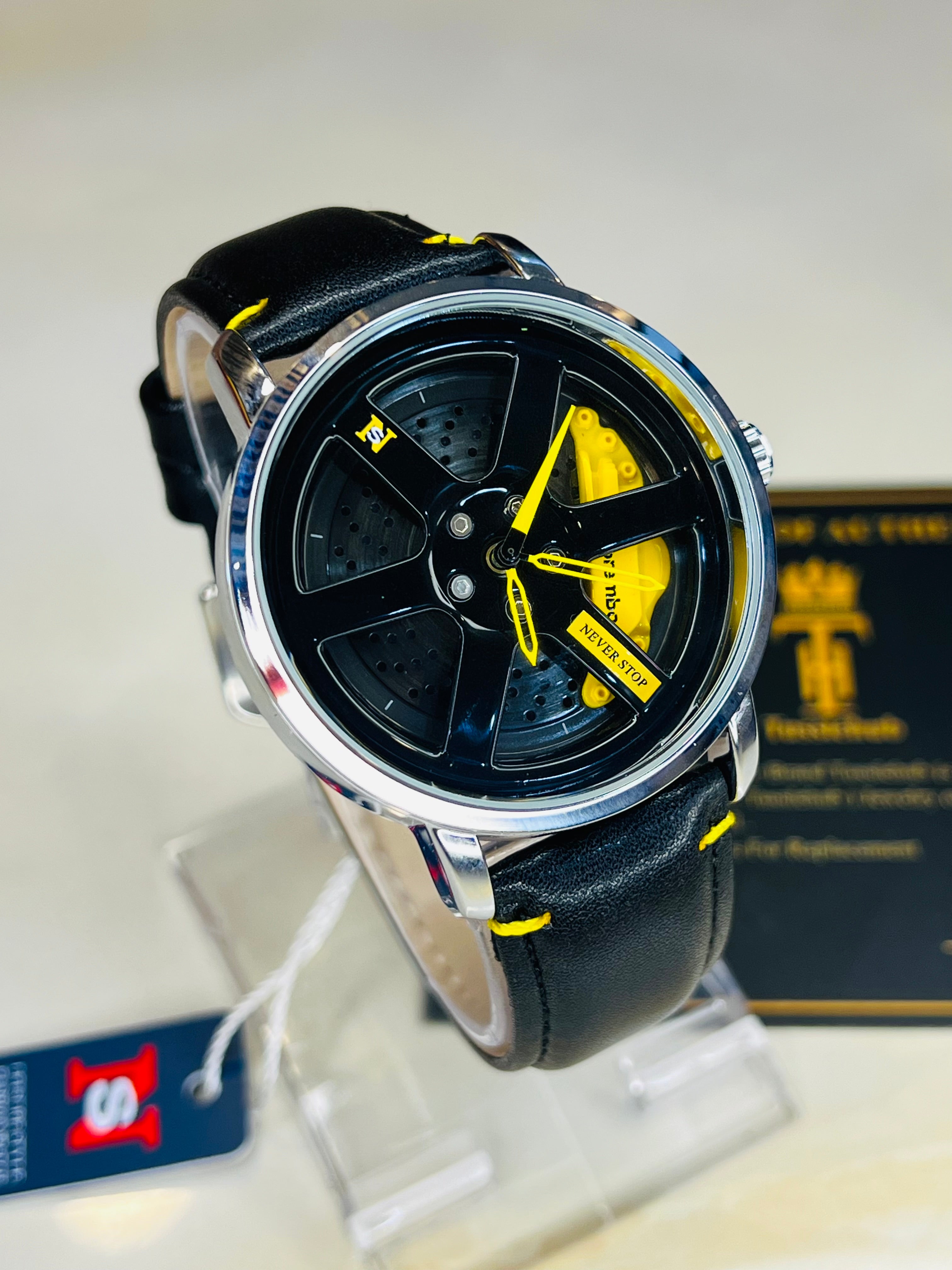 Black Yellow Leather Strapped Spinner NS Watch