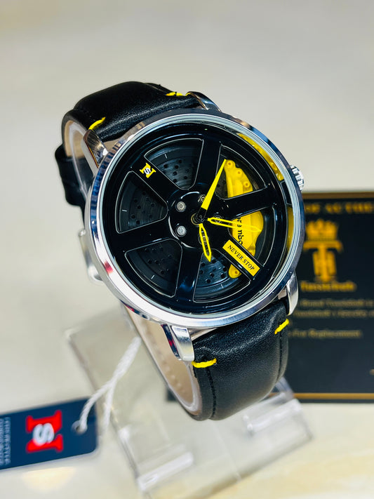 Black Yellow Leather Strapped Spinner NS Watch