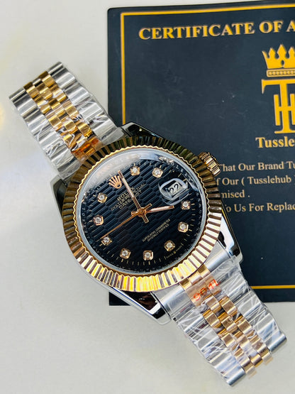 Jubilee Date Just Silver Rose Fluted Bezel Black Dial Automatic Watch