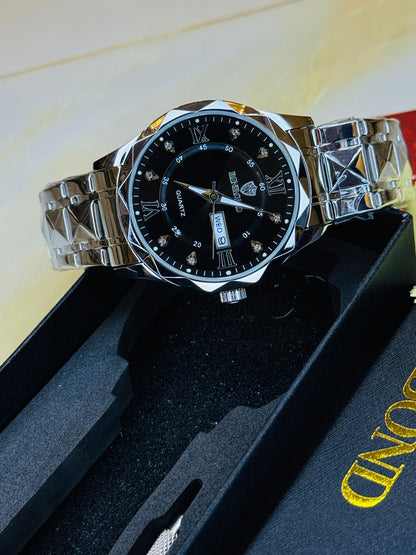 Silver Black Binbond Diamond Dial Watch