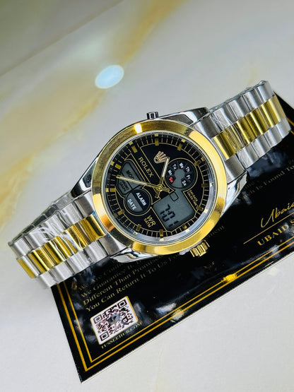 Premium Dual Time Two Tone Black Dial Watch