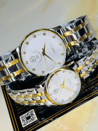 Two Tone White Down Date Citizen Couple Watch