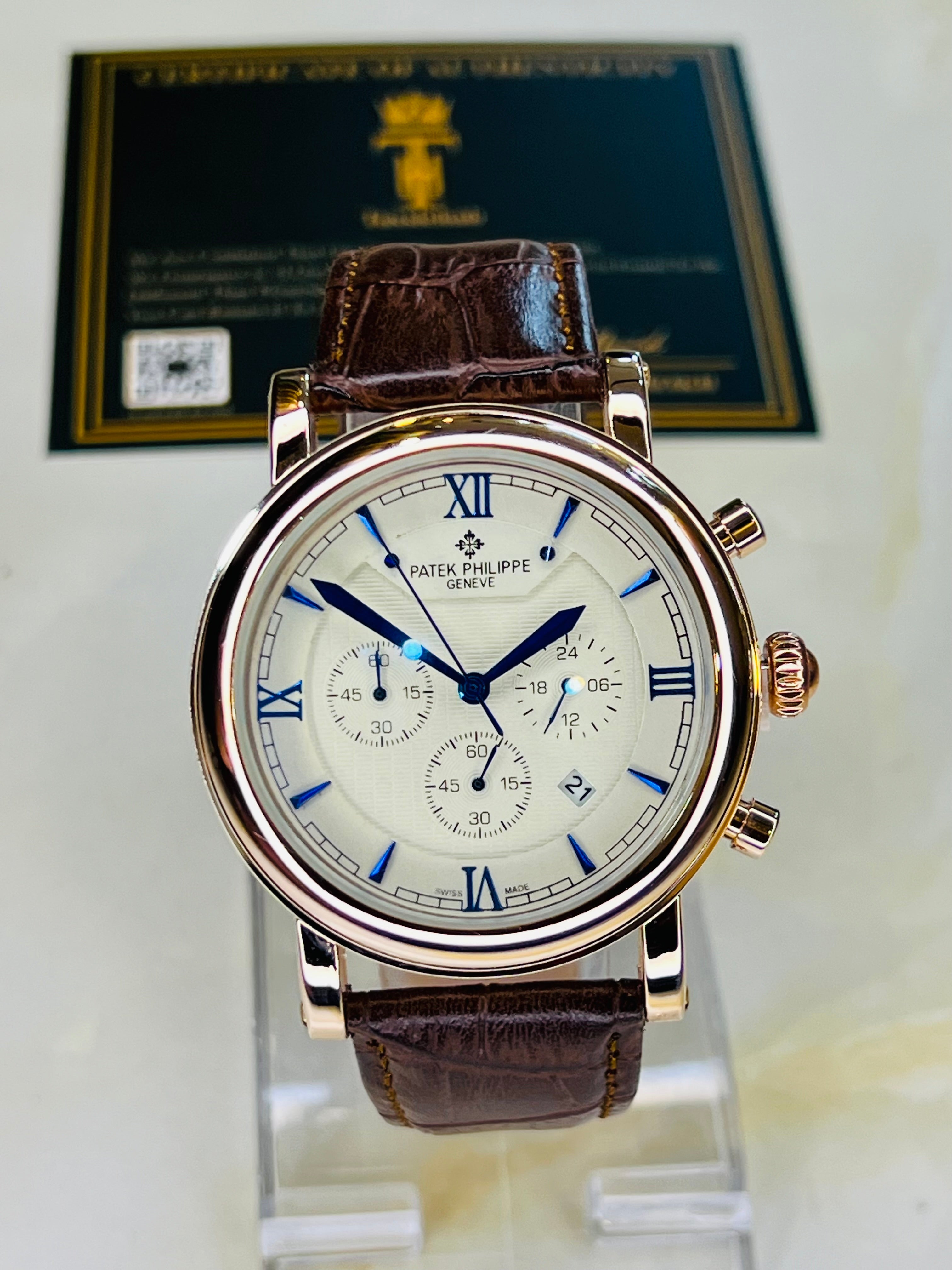 Brown Copper Round White Chronograph Dial PP Watch