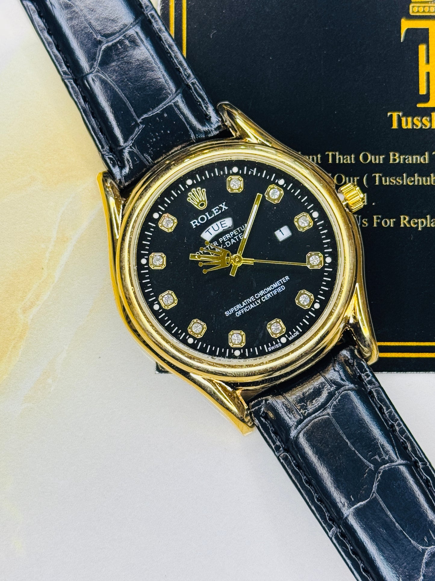 Black Gold Black Round Leather Rolex Watch