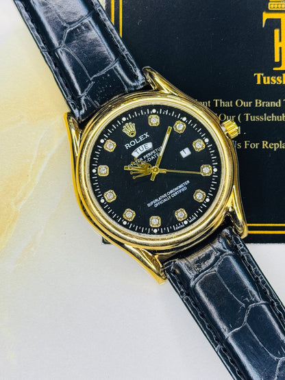 Black Gold Black Round Leather Rolex Watch