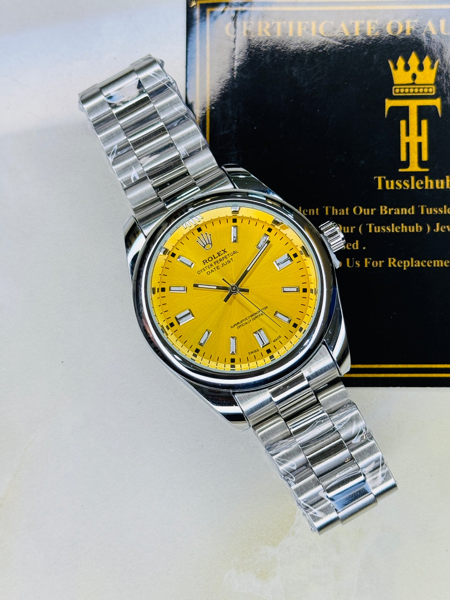 Silver Tiffany Yellow Round Rolex Watch