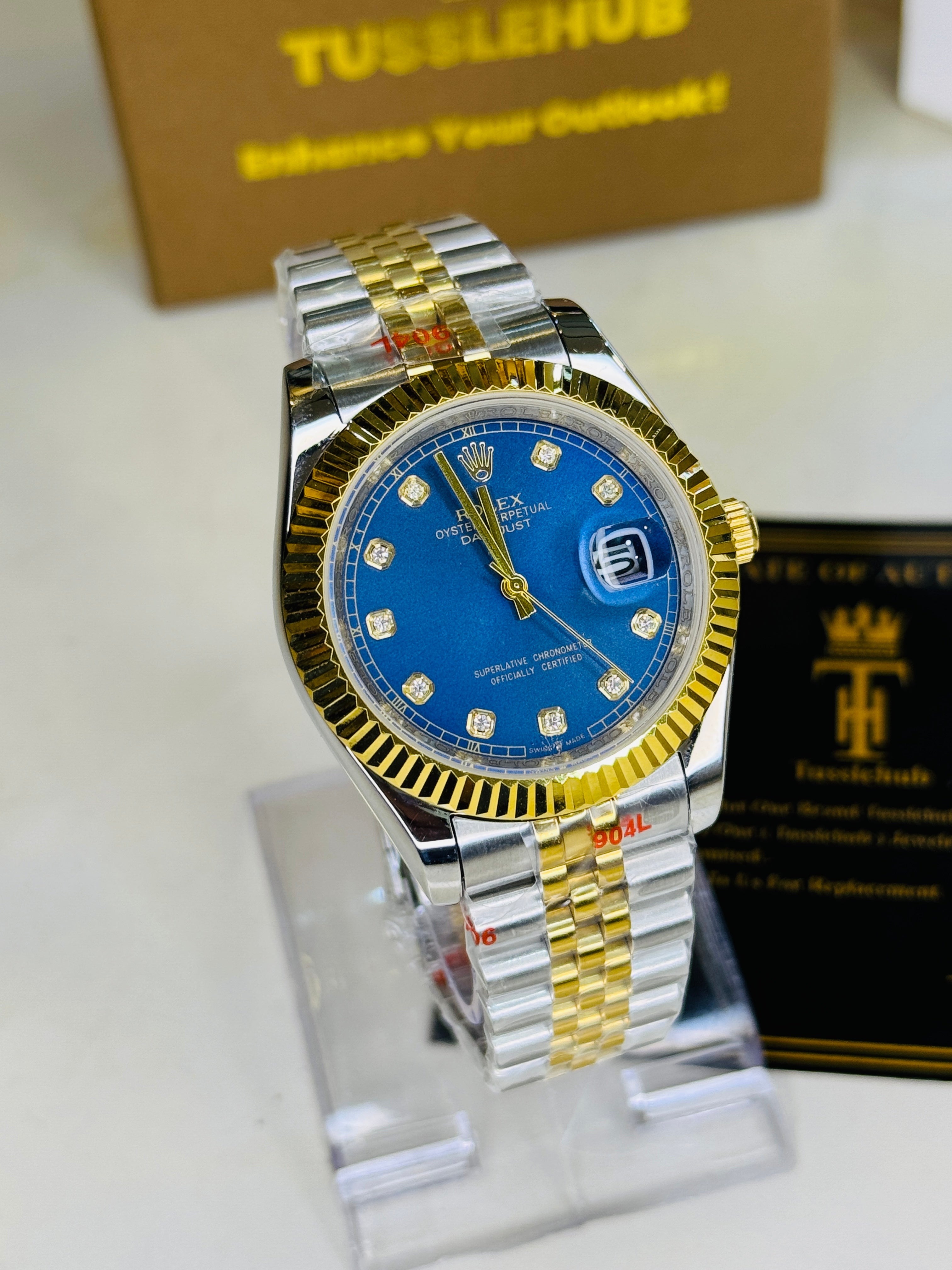 Jubilee Date Just Two Tone Diamond Fluted Blue Dial Quartz Watch