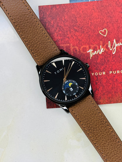 Tomi Brown Black Leather Magnetic Strap Watch