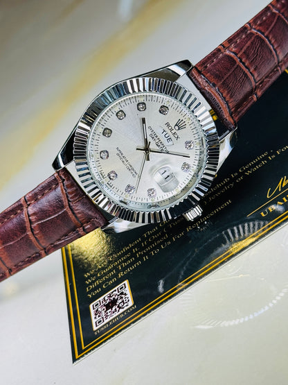 Brown Silver White Day Date Leather Rolex Watch