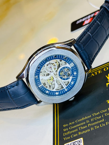 Casirui Blue Silver Automatic Skeleton Leather watch