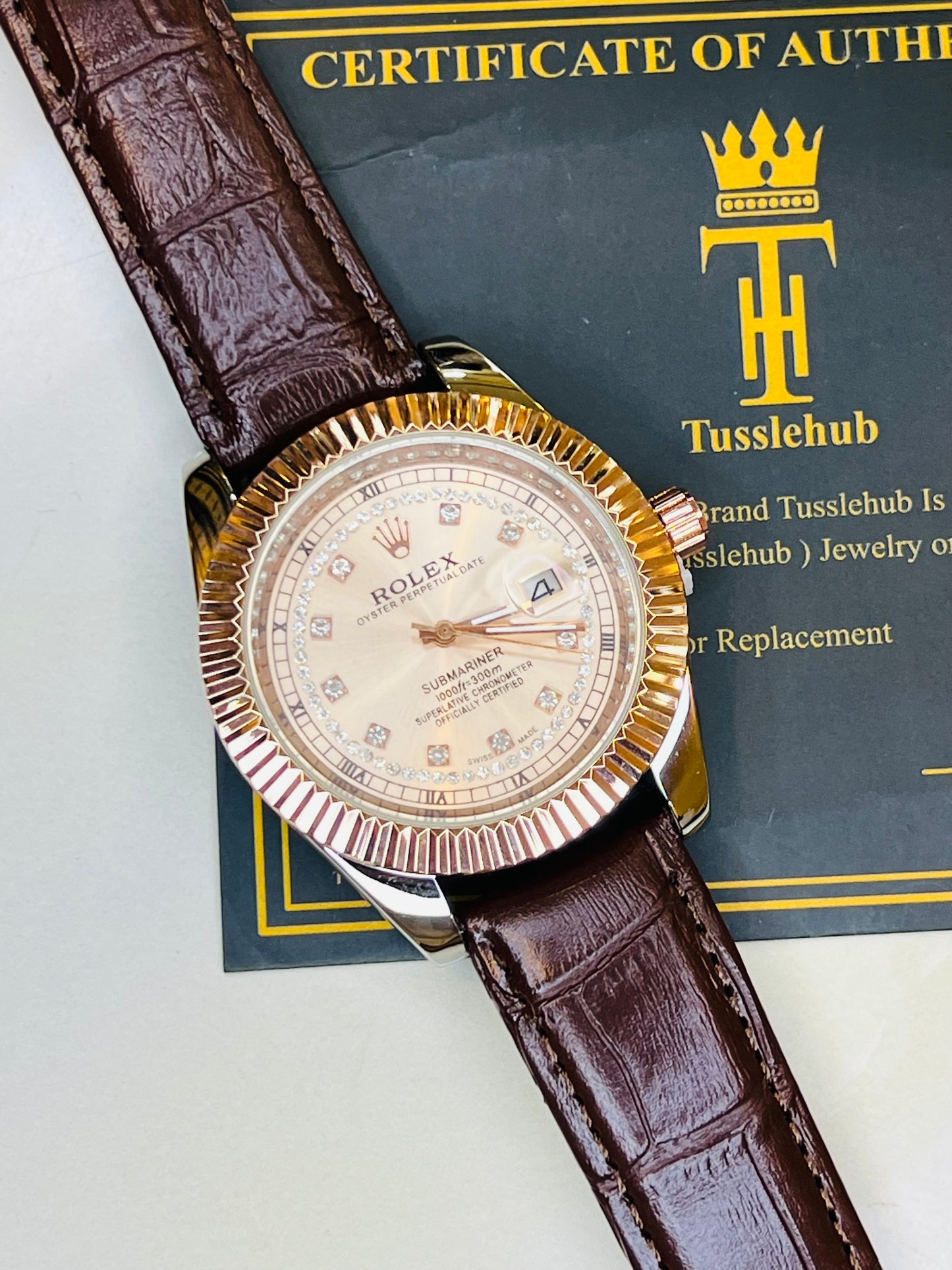 Brown Rose Gold Leather Rolex Watch
