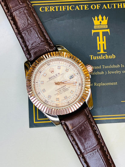 Brown Rose Gold Leather Rolex Watch