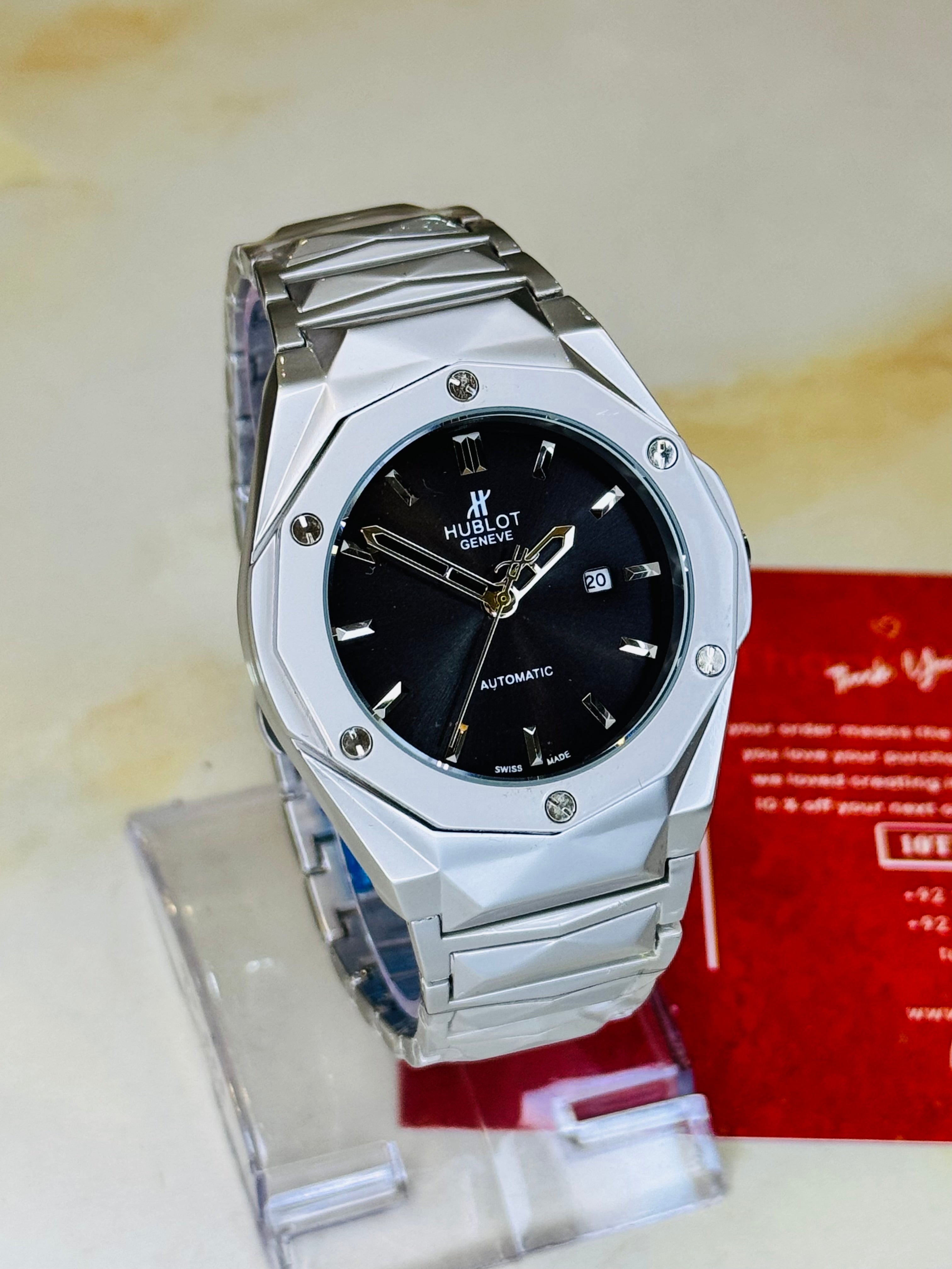 Silver Prism Chain Strapped Black Hublot Watch