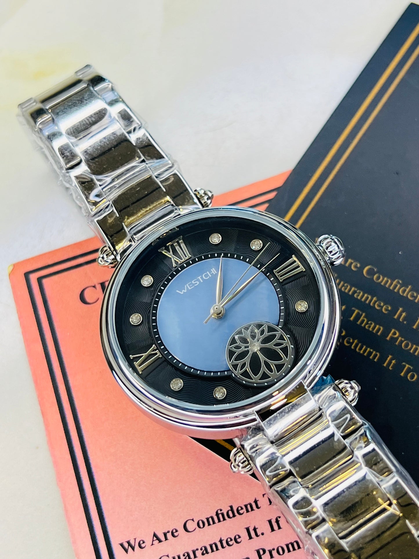Silver Westchi Blue Black Dial Watch For Her