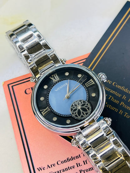 Silver Westchi Blue Black Dial Watch For Her