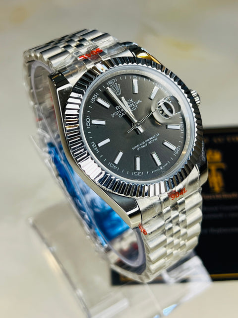 Vertical Date Just Silver Ash Grey Fluted Bezel Automatic Watch