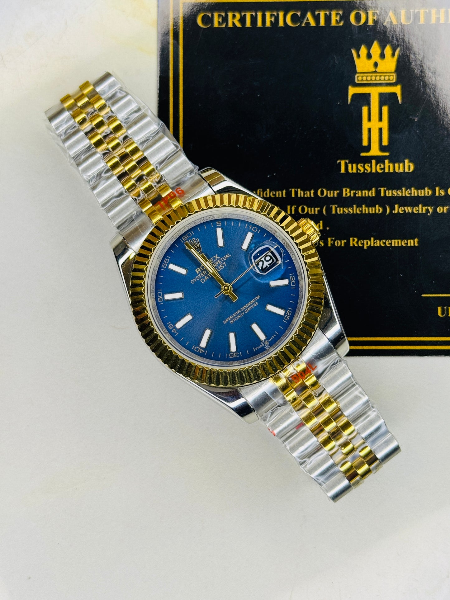 Jubilee Date Just Two Tone Vertical Fluted Blue Dial Quartz Watch