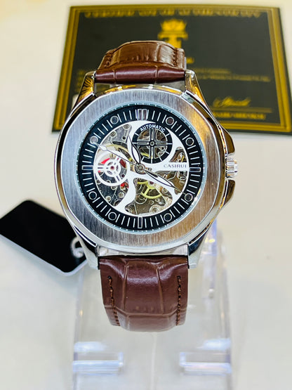 Casirui Brown Silver Automatic Skeleton Leather watch