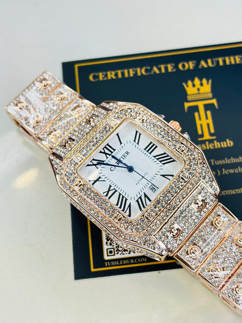 Square Iced Out Branded Rose gold White Dial Watch