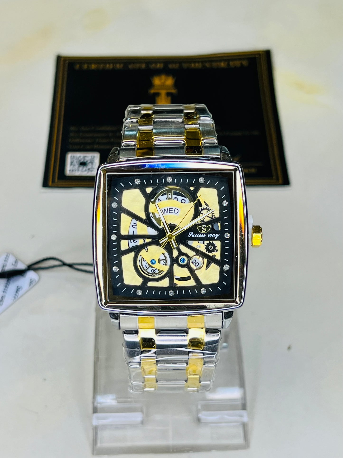 Success Way Two Tone Square Skeleton Dial Watch