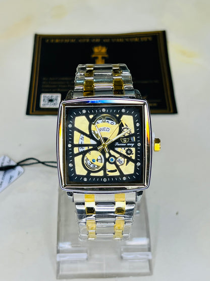 Success Way Two Tone Square Skeleton Dial Watch