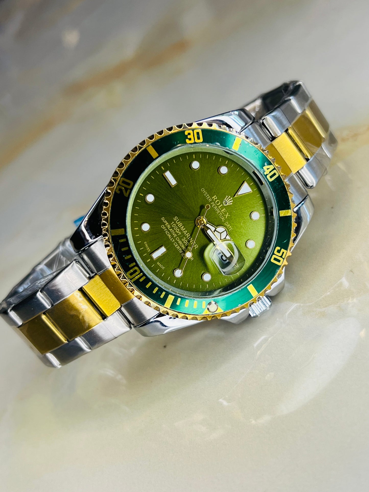 Two Tone Emerald Submariner Rotating Bezel Watch
