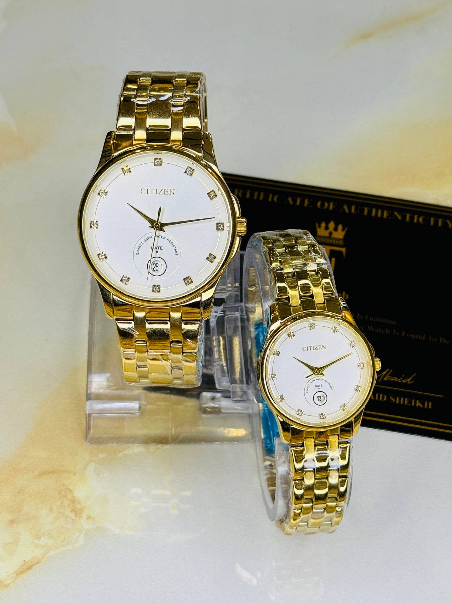 Gold White Down Date Citizen Couple Watch