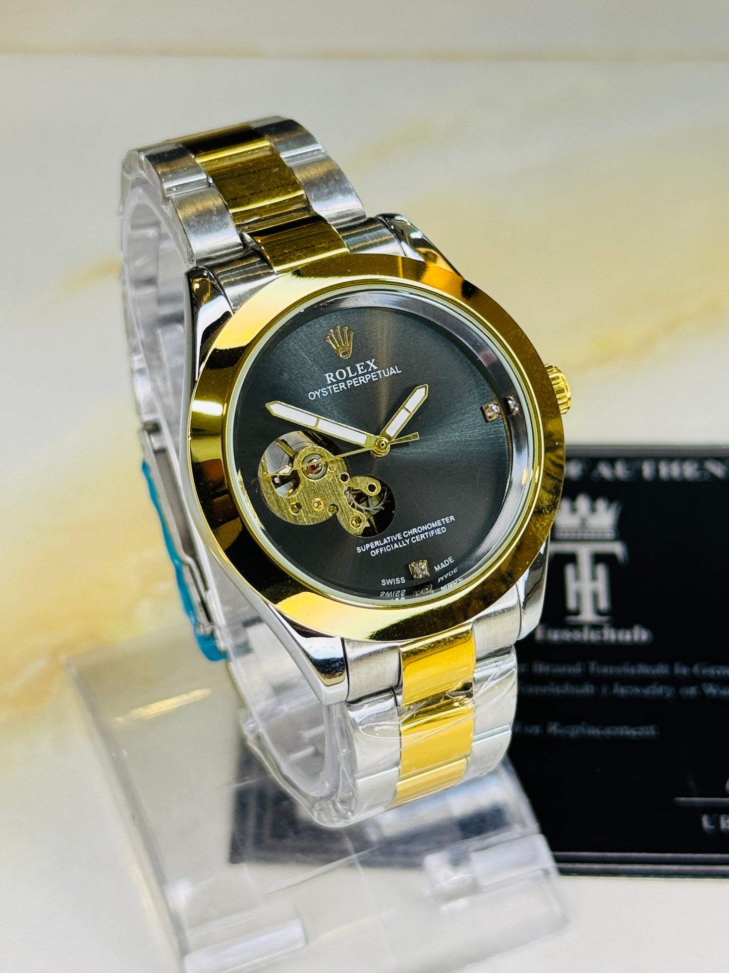 Two Tone Metallic Hawk Eye Automatic Rolex Watch