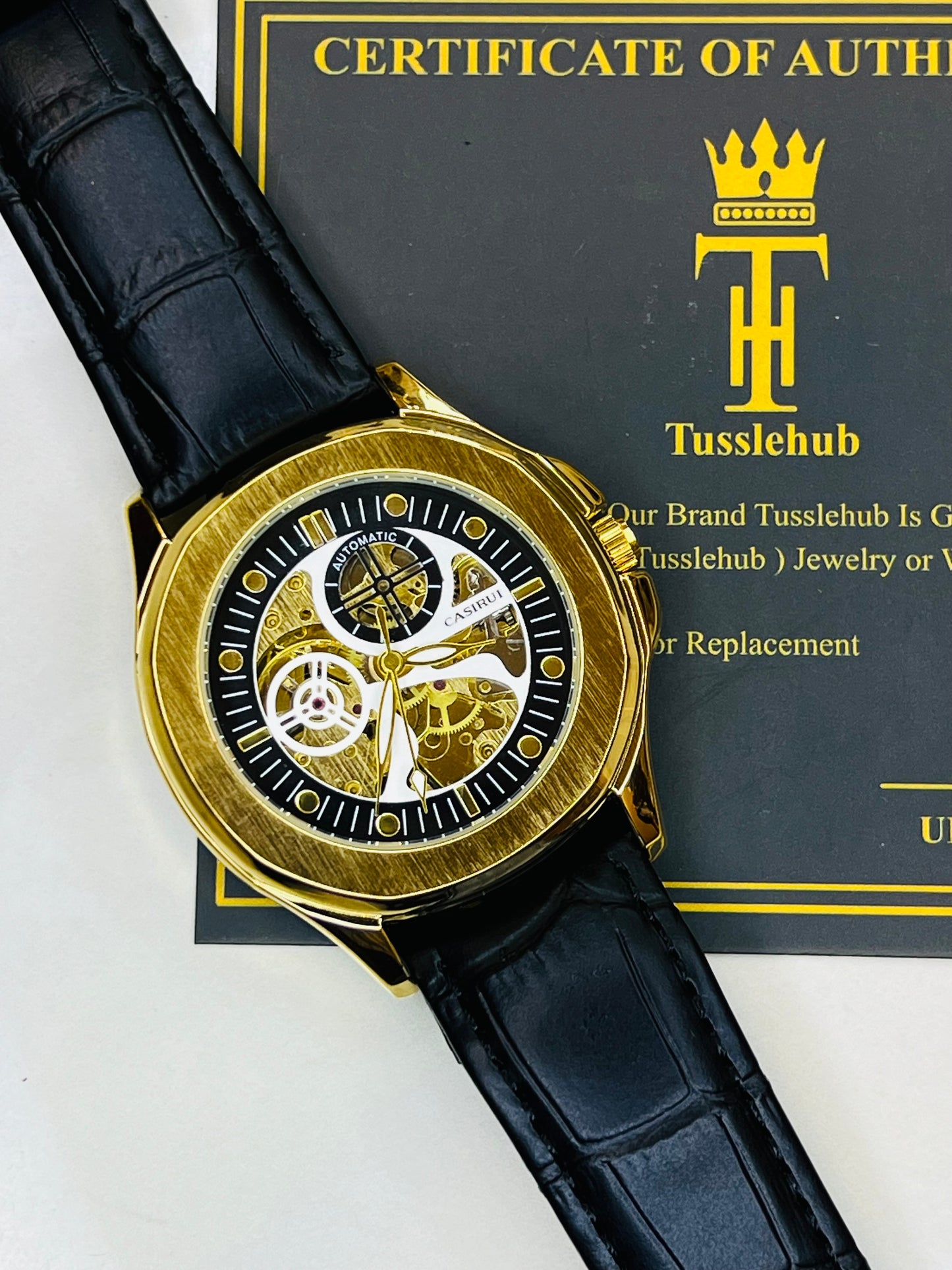 Casirui Black Gold Automatic Skeleton Leather watch
