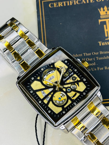 Success Way Two Tone Square Skeleton Dial Watch