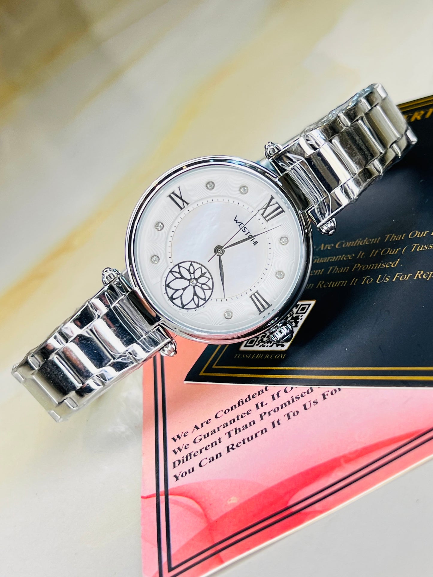 Silver Westchi White Floral Dial Watch For Her