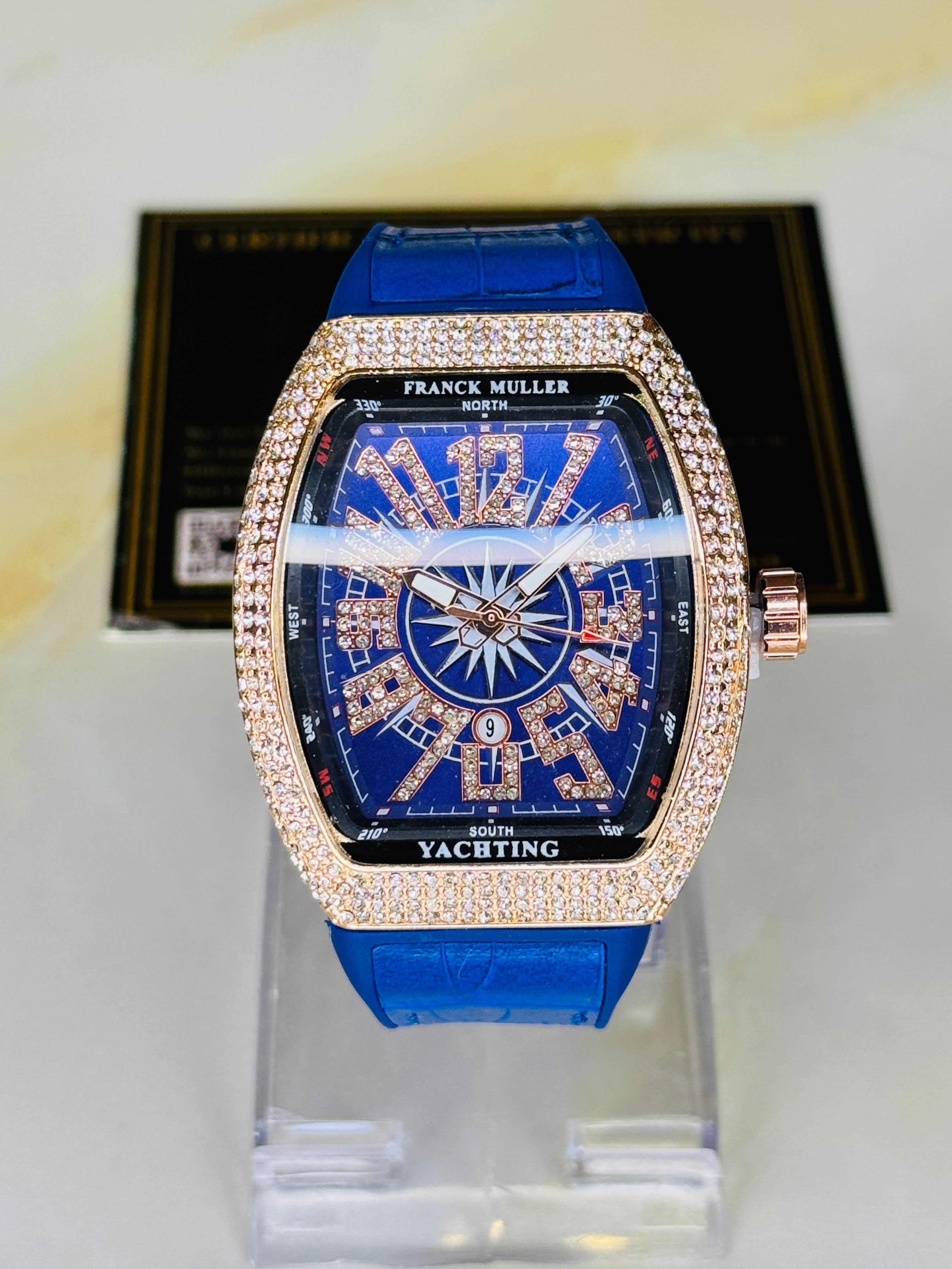 Blue Rose Gold Iced Frank Muller Watch