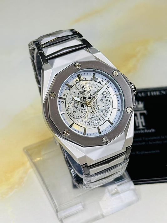 Two Tone Prism Chain Strapped Silver Hologram Dial Hublot Watch