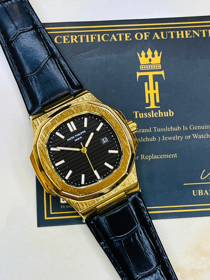 Black Leather Gold Black Dial Nautilus Watch