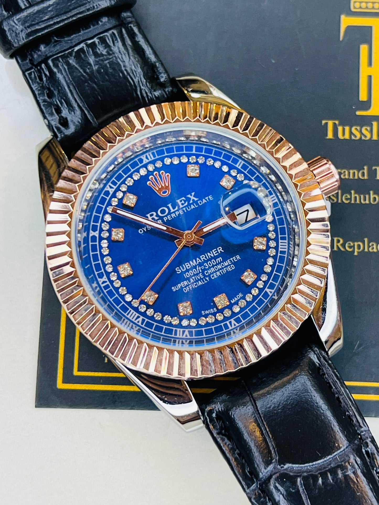 Black Rose Gold Sapphire Leather Rolex Watch