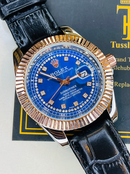 Black Rose Gold Sapphire Leather Rolex Watch
