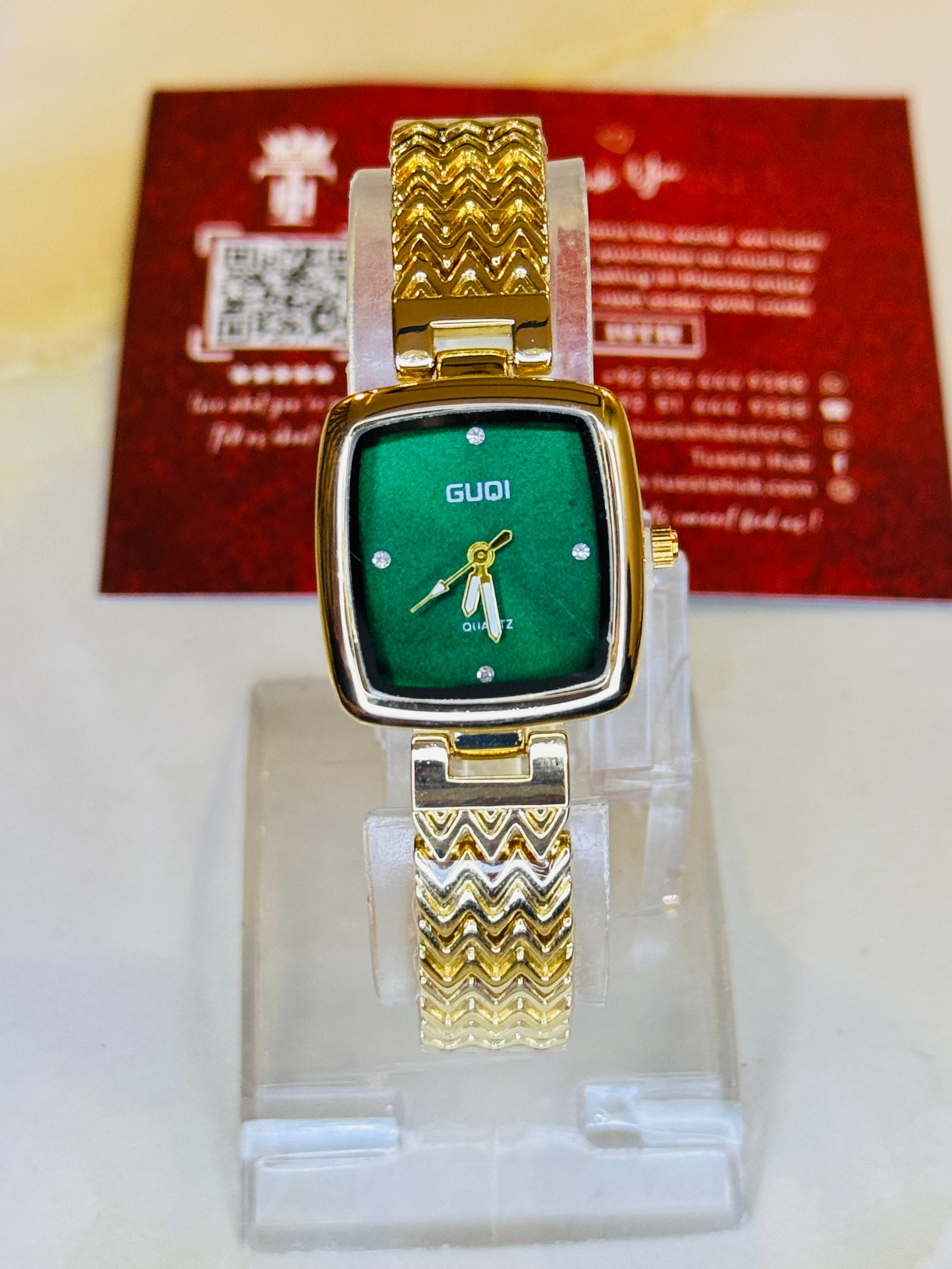 Gold Emerald Guqi Square Watch For Her
