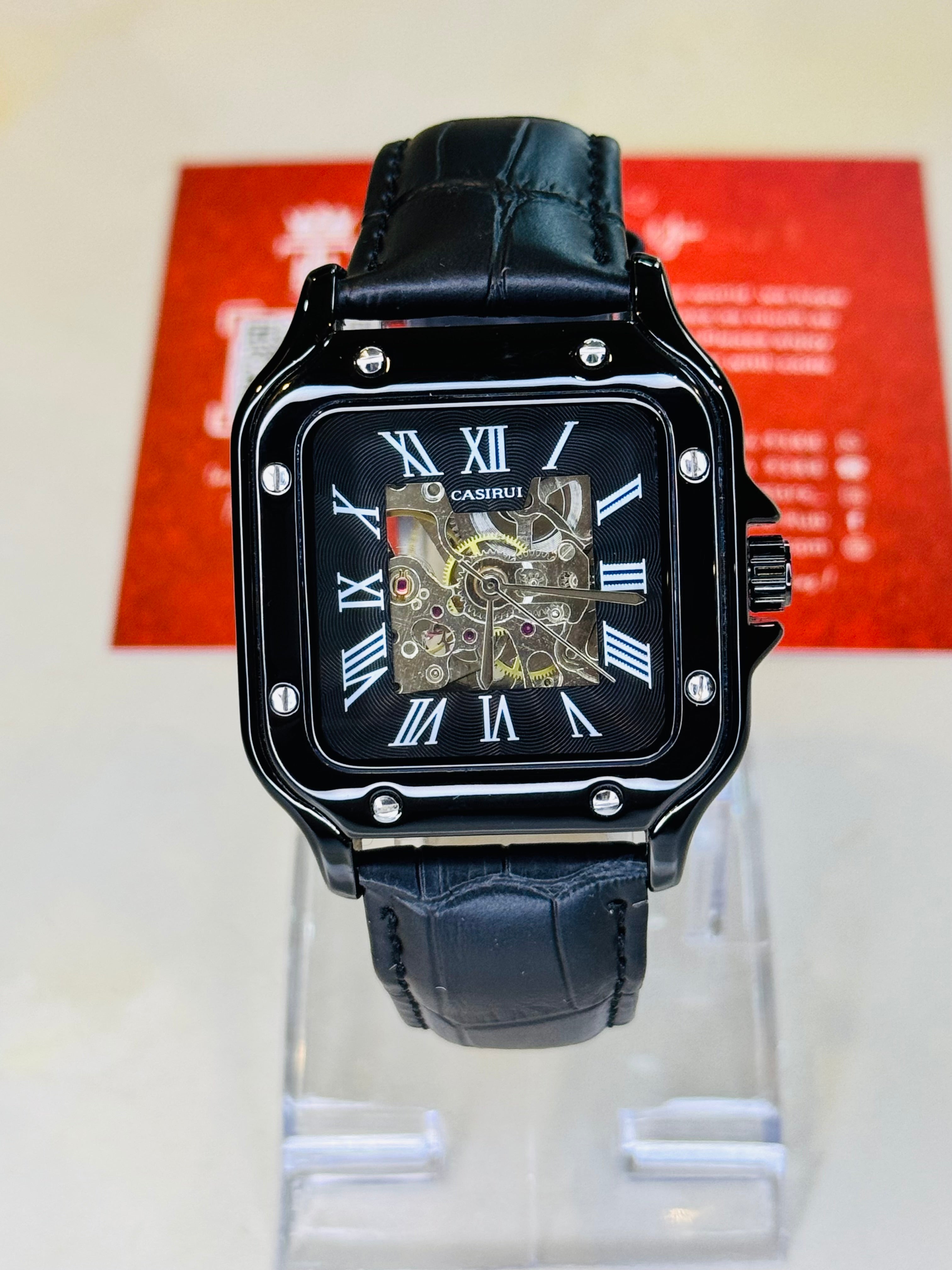 All Black Tank Automatic Skeleton Watch