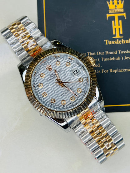 Jubilee Date Just Silver Rose Fluted Bezel White Dial Automatic Watch