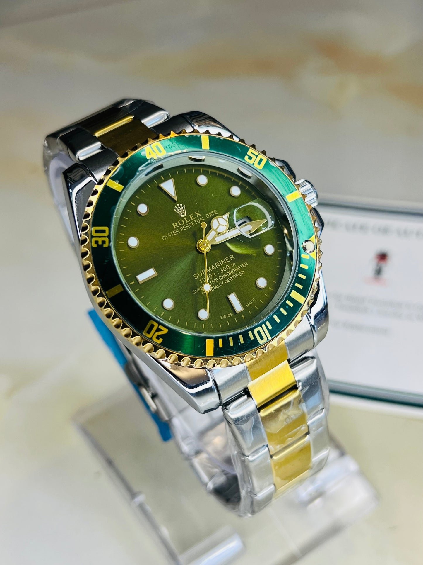 Two Tone Emerald Submariner Rotating Bezel Watch