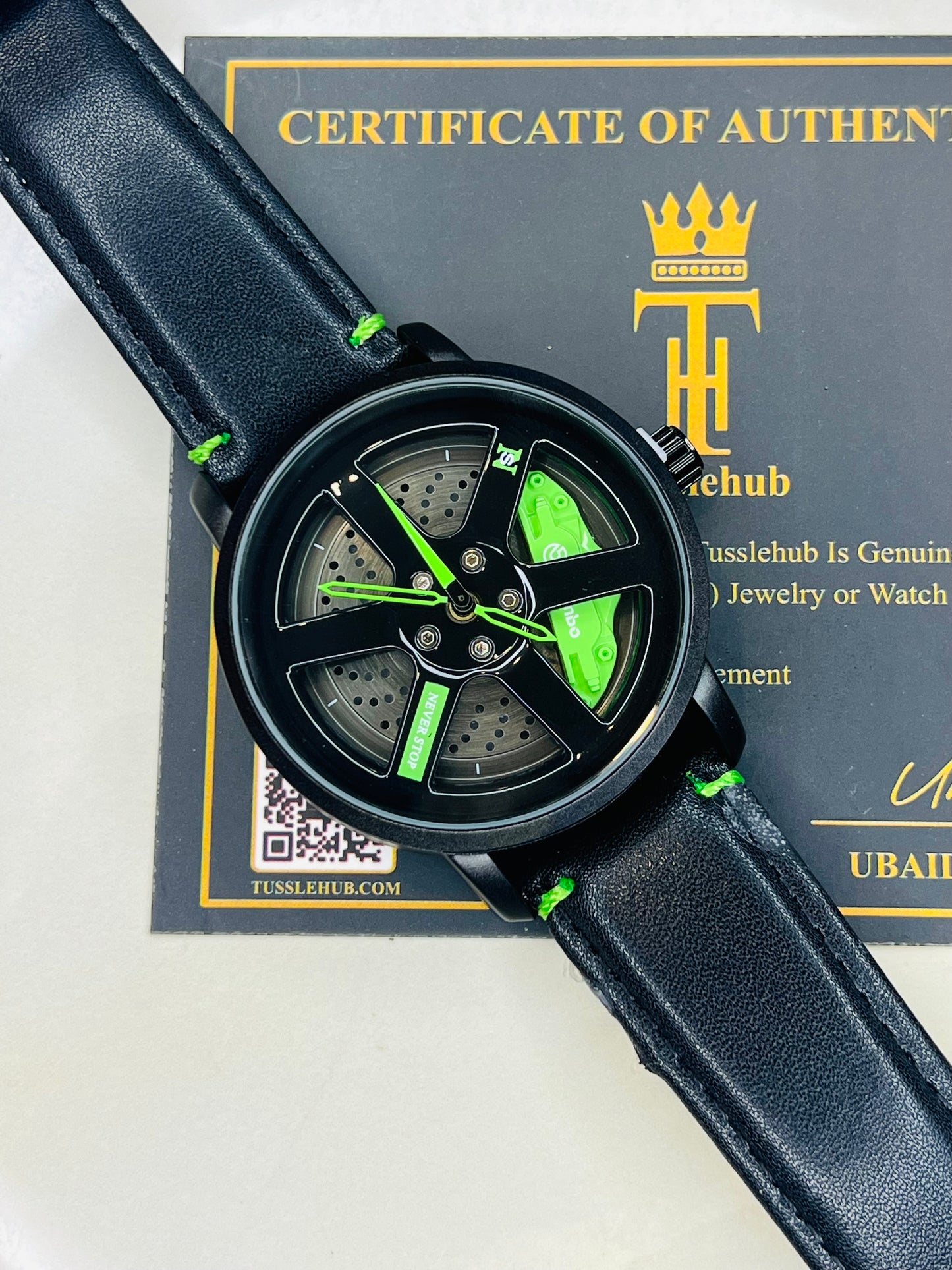 Black Neon Green Leather Strapped Spinner NS Watch